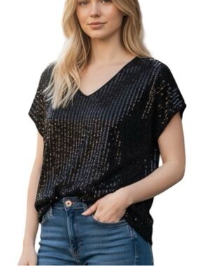 **NWT** Savanna Jane Black Sequin V-Neck Top